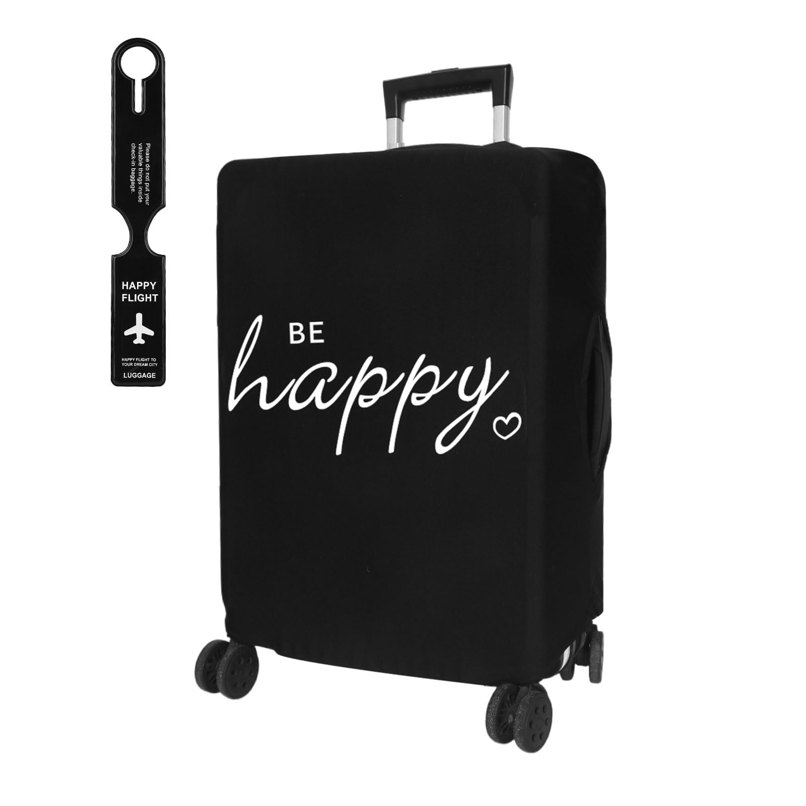 Black Luggage Cover and Tag Set, Large Suitcase Cover Protectors Fit 26-29 Inch Baggage, "Be Happy" Pattern, Washable Dustproof Elastic Spandex Travel Accessories