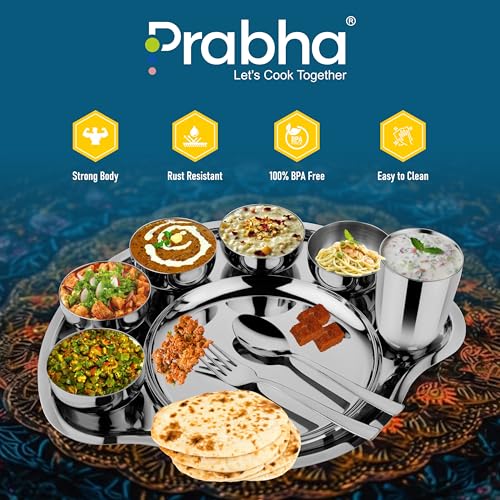 Image of Prabha Stainless Steel Dinner Set of 9 Pcs | Shagun Rajwada Silver Thali Set For Serving |Bhojan Thal Kitchen Dinnerware Set Ideal Gifting Anniversary, Wedding |Durable, Cleanable, Useable, High Grade