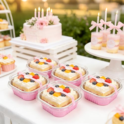 NPLUX 50 Pcs Mini Cake Pans with Lids and Spoons Aluminum Foil Mini Square Baking Cups with Lids Disposable Ramekins Cake Pans Dessert Cups for Wedding(Pink,5oz) by NPLUX - Image 3