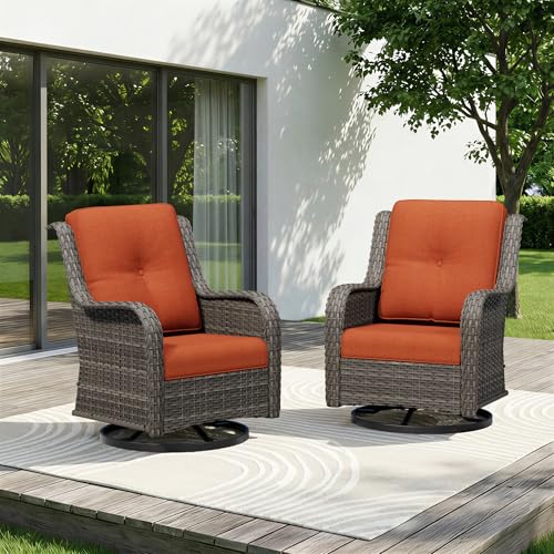 Image of Swivel Rocker Patio Chairs Set of 2 - Outdoor Wicker Patio Furniture Set 2 Pieces with Thickened Olefin Cushions, High Back and Deep Seating, Hand-Woven PE Rattan for Porch, Deck, Orange