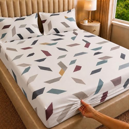 Image of Castiqa Elastic Fitted Supersoft Premium Brushed Cotton 200TC Double Bedsheets King Size 78x72 Inch with 2 Pillow Covers (Fits Upto Mattress of 10 Inches) (White)