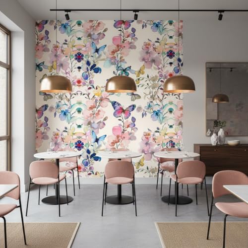 Image of Watercolor Butterfly and Floral Wallpaper,Pink and Blue, Self-Adhesive Peel and Stick Contact Paper Wall Stickers for Girls' Room Nursery Decor Cafe Walls, Hotel,Bedroom (45X300 CM)
