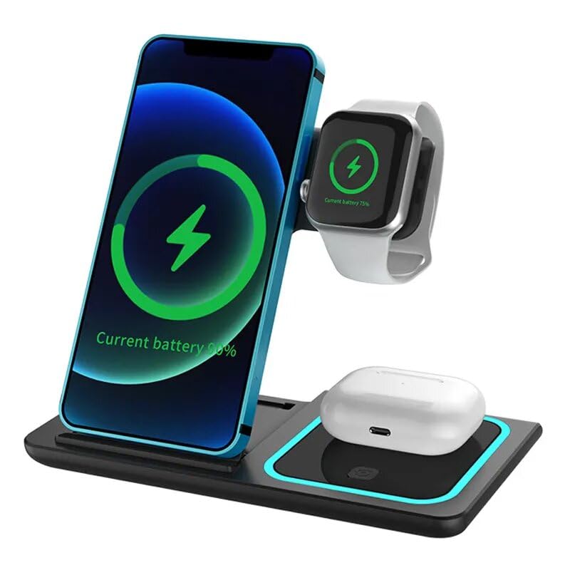 Charging Station for iPhone, 3 in 1 Foldable Wireless Charger for Apple Devices, Phone Charging Dock Station with LED Night Light Compatible with