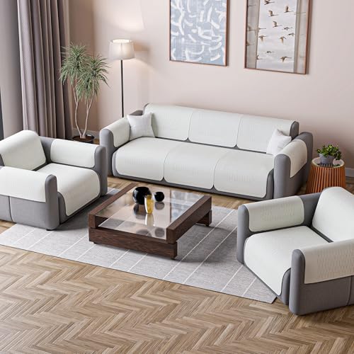 Image of Kuber Industries 5 Seater Sofa with Arm Cover | Slipcover for Living Room | Thick & Cozy | Non-Slip Comfort Sofa Cover Set | Columbia 258003 - Cream
