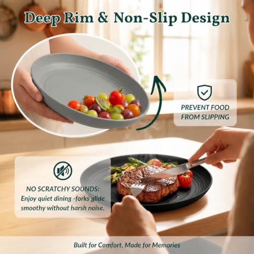 Image of Homienly Deep Dinner Plates Set of 8 Alternative for Plastic Microwave and Dishwasher Safe Wheat Straw Kitchen Unbreakable Kids with 4 Colors (Stone Grey, 8 inch),(Deep plates-8)