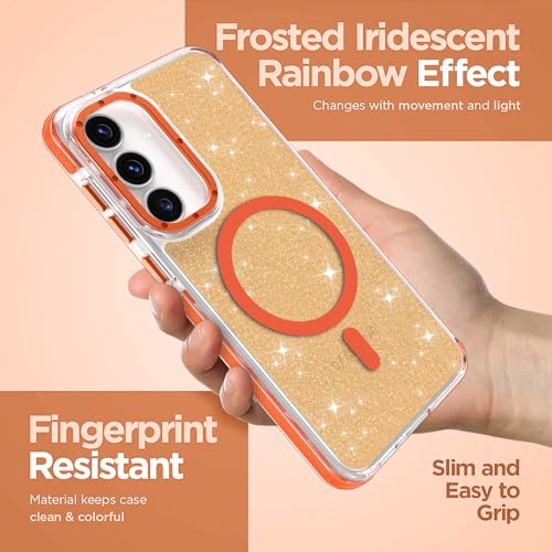 Image of Magnetic Case for Samsung Galaxy S25 FE 5G [Compatible with Magsafe] [Bling Glitter Fluorescent Design] [1 Screen Protector] Slim Translucent Matte Case for Galaxy S25 FE 5G 6.7 inch, Orange