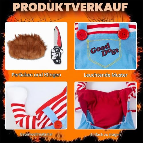 KUMSODE Halloween Hundekostüme für Hunde Wig and Knife,Lustige Chucky Hundekleidung Puppe Halloween Cosplay Kostüm (S)