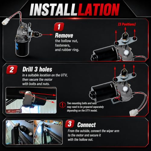 Image of 12V UTV Windshield Wiper Kit with 16 Inch Blade, 90 Sweep Motor Assembly | Compatible with Polariss RZR Ranger Can-Am Kubota Kawasaki Kymco Electric Windshield Wiper Kit for Clear Off-Road Visibility