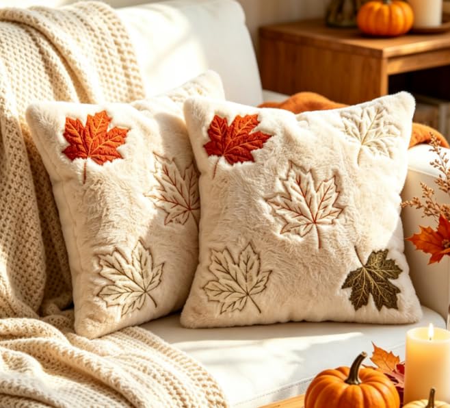 2 PCS Autumn Cushion Covers 45 X 45cm, Maple Leaf Thanksgiving Throw Pillow Covers, Embroidered Faux Rabbit Fur Fall Pillow Cases, Autumn Pillowcase for Sofa Living Room Fall Home Decor