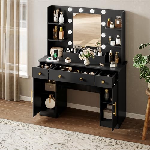 Image of HUANLEGO Vanity Desk with Mirror and Lights, Makeup Vanity with Mirror and LED Lights & Power Outlet, 3 Drawers and Cabinets, 3 Lighting Modes Dressing Table Set for Girls Women Bedroom,Black