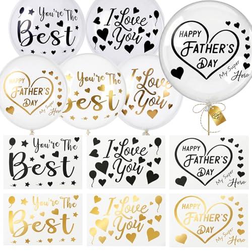 Happy Father's Day Balloon Stickers, Black Gold Decals with Mustache and Top Hat, My Super Hero DIY Transfer Lettering for Bobo Balloons, Gift Boxes, Window Clings and Party Decorations for Dad 6Pcs