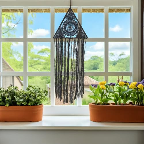 Attrape-rêves triangle et rond noir avec pompon pour déco de salon - 6