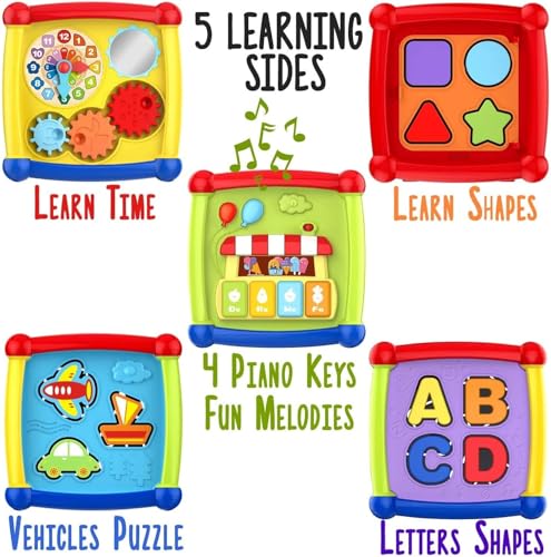 Image of Crackles Early Age 6 in 1 Learning Cube Educational & Learning Activity Toy Including Blocks, Clock, Alphabets-Tree,Transportation Vehicles,Music Keyboard & Mirror for Kid, Multicolored