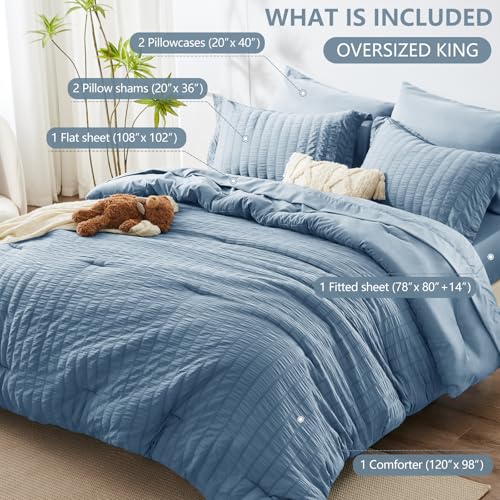 Image of HIMEET Oversized King Comforter Set - 7 Pieces Seersucker Bed in a Bag, Boho Bedding Sets for Bedroom Decor, All Season Home Essential Bed Set with Comforter, Sheets, Pillowcases & Shams, Grayish Blue
