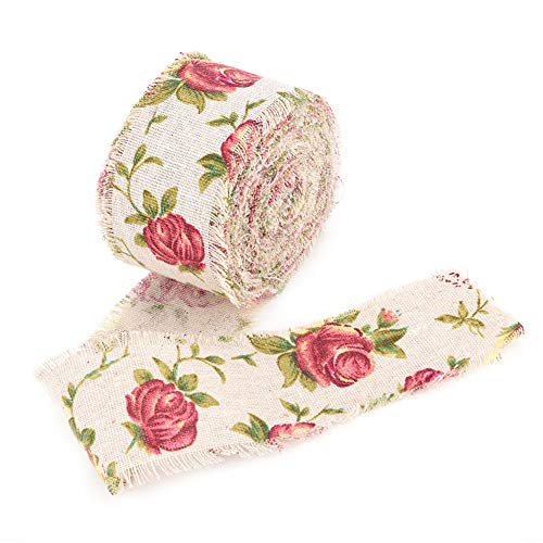 DIY Printed Rose Flower Burlap Ribbon, Jute Burlap Fabric for Wedding Decor Party Wrapping, Home Accessories, 11 Yards Long