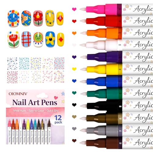 Oiomniv Nagellack Stift Set 12 Farben schnell trocknende Nageldesign Marker mit klarer Nummerierung feine Spitze für Gel-Nagellack DIY Maniküre Set inkl. 10 Nagelsticker (Mehrfarbig1)