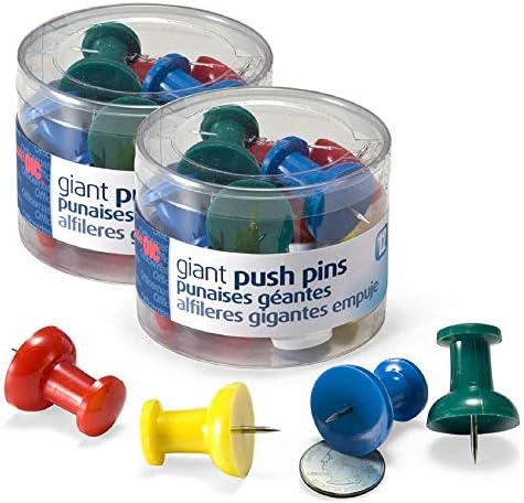 Officemate Giant Push Pins, 1.5" Assorted Colors, 2 Tubs of 12 (92905)