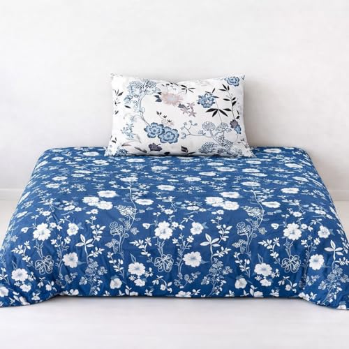 Image of DECOR2ADMIRE 300 Thread Count Premium Cotton Printed Single Bedsheet with One Pillow Covers for Home 60 Inches x 90 Inches (Indigo Meadow, Single 60 inch x 90 inch)