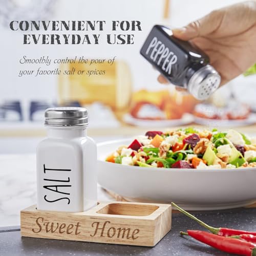 Image of Store2508 Salt and Pepper Shaker Set with Wooden Tray | Farmhouse Style Salt Pepper Dispensers with Screw-On Lids | BPA-Free Seasoning Containers for Kitchen Dining Table