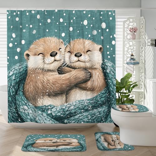 4PCS Cute Wild Otters Bathroom Accessory Sets with Non-Slip Rug, U Shape and Toilet Lid Cover Mat, Funny Winter Snowy Wildlife Bathroom Fabric Decor-72''x72''