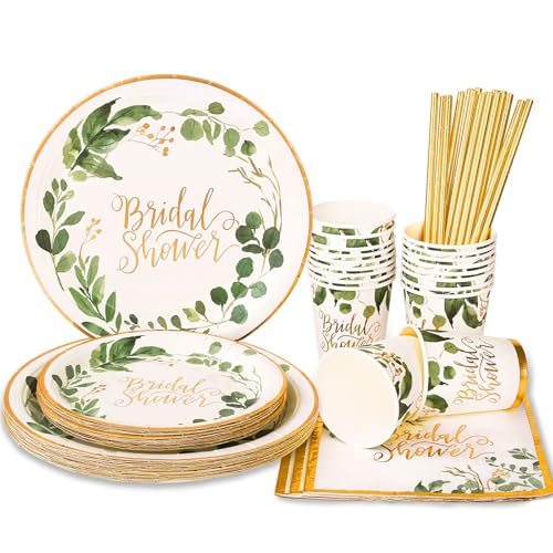 Bridal Shower Plates Party Decorations 168Pcs, Bridal Shower Paper Plates and Napkins Party Supplies, Green Theme Wedding Plates for Engagement Bride-To-Be Parties, Serves 24 Guests