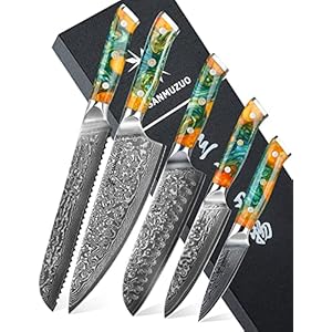 Chef Cooking Knives Set- Kitchen Knife Set of 5 Piece – Ultra-Sharp VG10 Damascus Steel & Resin Handle – Xuan Series (Fantasy Orange)