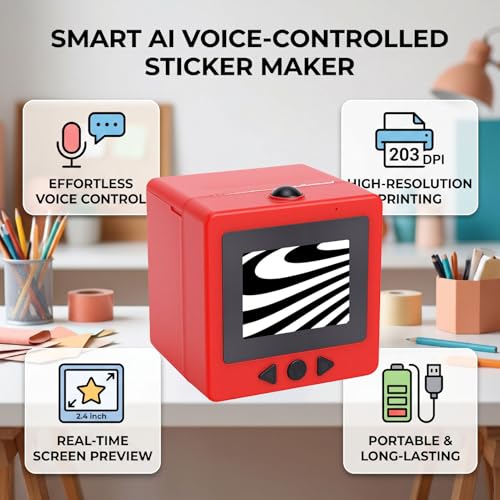Image of Smart AI Sticker Printer, Voice Controlled Portable Thermal Inkless Sticker Maker Machine with 2.4 Inch Screen for DIY Arts Crafts (Red)