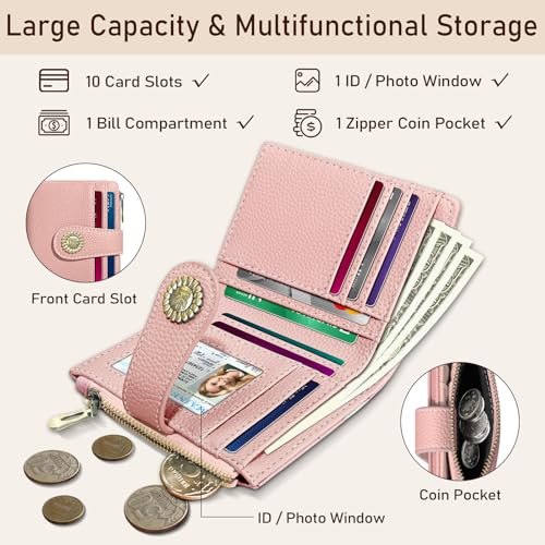 Image of Kelvoris Small Rfid Women Wallet Bifold Zipper Coin Pocket | PU Leather Compact Cash Credit Card Holder Travel Purse for Female Ladies Teen Girls 1 ID Window 10 Card Slots