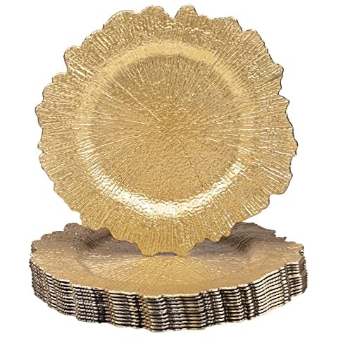 MAONAME 13" Gold Charger Plates, Round Reef Chargers for Dinner Plates, Plastic Plate Chargers for Table Setting, Wedding Decor, Set of 12 Cover