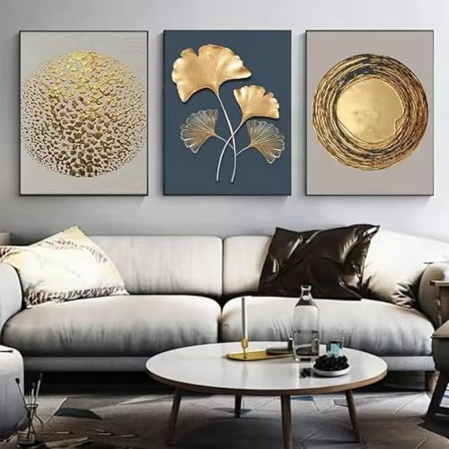 Peinture sur toile murale salon minimaliste moderne : feuilles dorées avec cadre 70x90