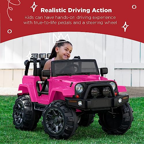Image of Best Choice Products Kids 12V Ride On Truck, Battery Powered Toy Car w /Spring Suspension, Remote Control, 3 Speeds, LED Lights, Bluetooth - Hot Pink