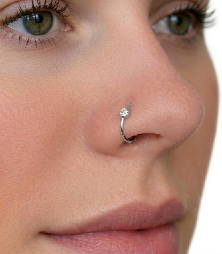 Ellie J Maui 14K Solid Gold CZ Nose Hoop – 1.5mm Bezel Set Cubic Zirconia – 20G & 24G 8mm Open Nose Ring – Yellow Rose White Gold – Hypoallergenic Fine Nose Jewelry for Women