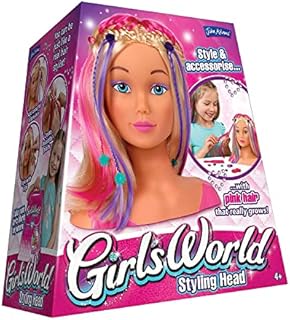 Girl's World Head with Pink Growing Hair | Comes with Hair Dressing Accessories | Traditional Girls Toys