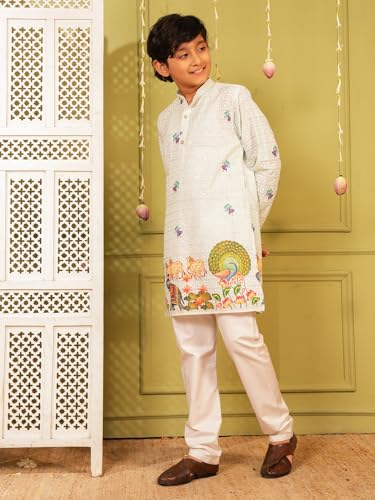 Image of AJ DEZINES Kurta Pajama For Kids Boys | Cotton Printed Chikankari Kurta Pyjama Set For Boys | Traditional & Festive Outfit | Party & Ethnic Wear | Stylish Kids Kurta Set