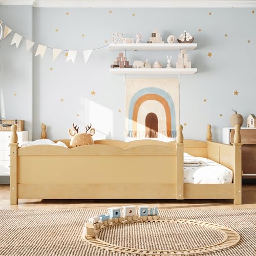 Image of Bellemave Full Size Montessori Floor Bed Frame with High Fence, Solid Wood Kids Floor Bed with Bookshelf, Low Profile Bed for Boys & Girls, Childlike Design,Natural