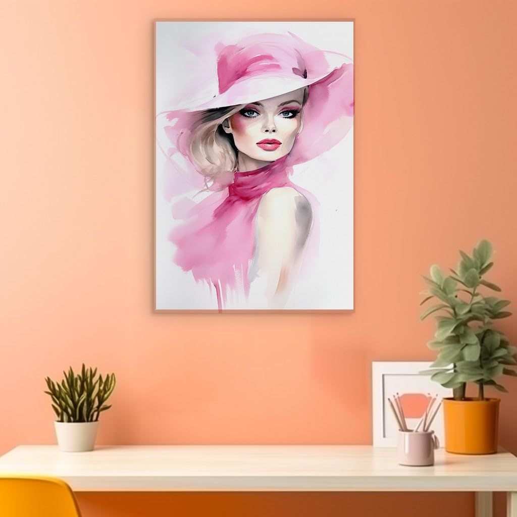 Canvas for Living room. Enigmatic Elegance: The Allure of the Lady in Pink, 27 x 18 inch Canvas Wall Art - Ready to Hang - 69x46 cm (27x18 inch)