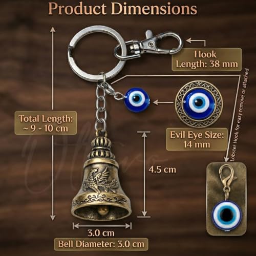 Image of OTTAVO Premium Guardian Bell Keychain for Bike & Car | Tibetan Texture Bell Keychain with Evil Eye & Silver Hook | Good Luck Charm with Laser-Engraved Wooden Gift Box