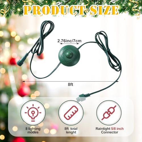 Flutesan Extension Cord 8ft with 8 Lights Modes Foot Switch for Christmas Tree Foot Switch Extension Cord Lights Raintight Plug Compatible Replacement for LED String Light Christmas Tree(1,5/8inch) by Flutesan - Image 2