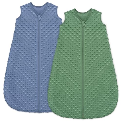 Unnivoll Baby Sleeping Bag 1.5 Tog with Plush Dots Sleep Bag 2 Pack Baby Sleep Sack Wearable Blanket for Newborn Infant 0-6 Months Blue&Green