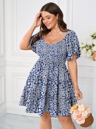 Image of SHESTARR Womens Plus Size Casual Mini Dress Sweetheart Neckline Short Flutter Sleeve Smocked A Line Tiered Ruffle Dresses