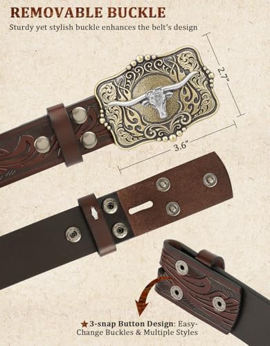 Leather Western Belts for Woman Men - Bull Buckle, Cowboy Cowgirl Country Embossed Belt for Jeans Women Mens Gifts4