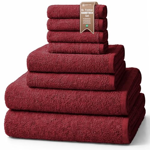 NatureMark 8-teiliges Handtuch-Set aus Frottee in verschiedenen Größen – 4 Gästetücher, 2 Handtücher, 2 Badetücher | Farbe: Bordeaux Rot | 100% Baumwolle