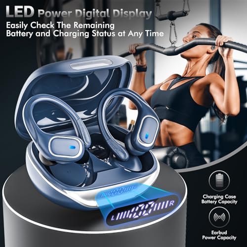 Image of HAOYUYAN Wireless Earbuds Bluetooth 5.3 Headphones with 80H Playback, IPX7 Waterproof Over Ear Buds with LED Power Display for Sports Running Workouts (Navy Blue)