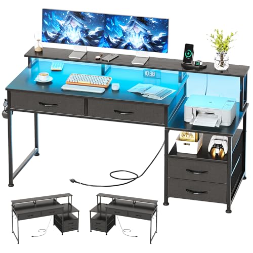 MUTUN Schreibtisch und 4 Schubladen, Reversibler Computertisch Schwarz Bürotisch, 136,5x48cm Desk, PC Tisch mit Stauraum und Kopfhörer Halter, Holz Officetisch