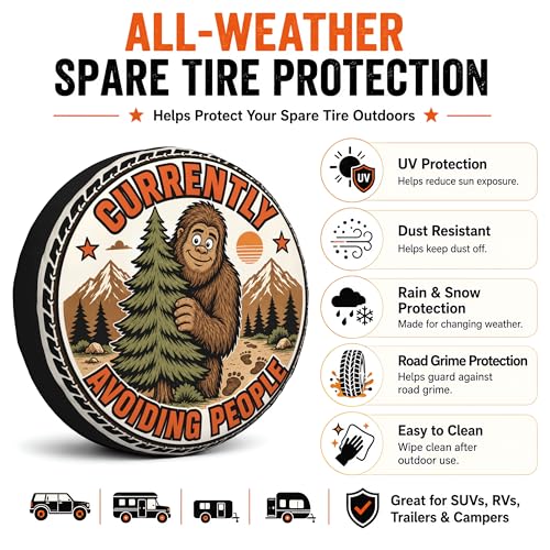 Image of Funny Bigfoot Spare Tire Cover, Currently Avoiding People Printed Tire Cover for SUVs RVs Trailers Campers Trucks, Outdoor Spare Wheel Protector(15 inch for Diameter 27 inch-29 inch)