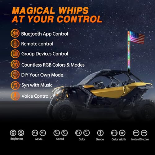 Image of Nilight RGB Whip Light 1PC 5FT Lighted Antenna Whips with Remote & App Control DIY Chasing Patterns Brake Reverse Lights for ATV UTV Polaris RZR Can-am Dune Buggy Pickup Trucks Jeep