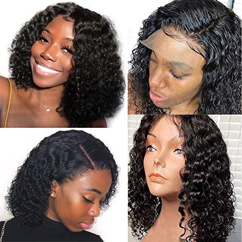 Curly Bob Lace Wigs Human Hair Brazilian Remy Full End 13x4 Lace Front Wavy Wigs for Women Pre Pluck Middle Part Black 12"