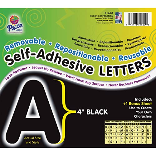 Pacon Corporation 51620 Self-Adhesive Letters, 4-Inch, 78 Characters, Black