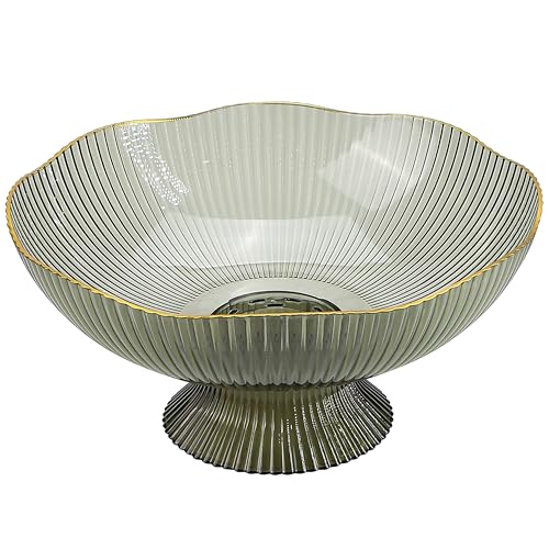 Green Fruit Bowl, Decorative Pedestal Stand Footed Cute Clear Large Storage Basket Organization for Display Produce Snacks in Centerpiece Counter Kitchen Table Home Farmhouse Elegant Design Decoration