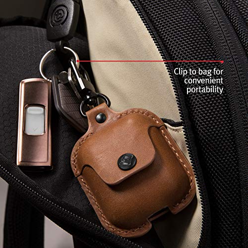 Twelve South AirSnap | Skórzane etui ochronne z klipsem zapobiegającym zgubieniu do AirPods i bezprzewodowego etui ładującego do AirPods, koniak